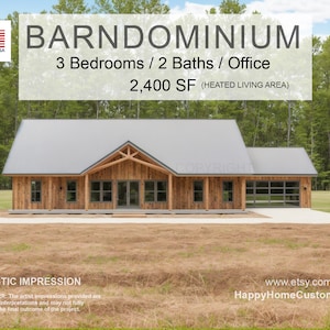 Farmhouse Barndominium - 40&#39; x 60&#39; House Plan Design - 3 Bed 2 Bath - Drawings Blueprints