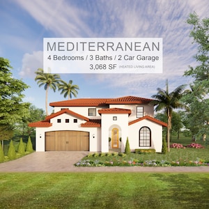 Santorini Luxury Modern Mediterranean House Plan Design - 4 Bed 3 Bath 3068 sq ft - Double Garage - Drawings Blueprints