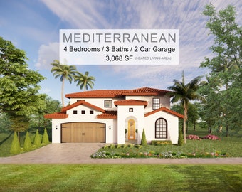 Santorini Luxury Modern Mediterranean House Plan Design - 4 Bed 3 Bath 3068 sq ft - Double Garage - Drawings Blueprints
