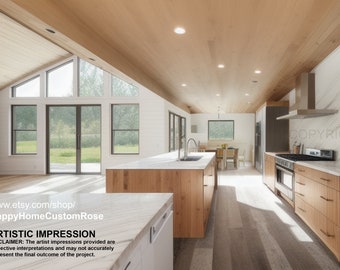 May include: A modern kitchen with a large island, white cabinets, and a stainless steel range hood. The kitchen has a wood floor and large windows that look out onto a green lawn.