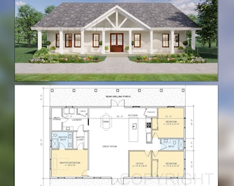 Lakeview House Plans - Open Plan Design - Modern Farmhouse 3 Bed/2 Bath + Home office 1920 Square Feet - Drawings Blueprints