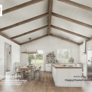 Puede incluir: Una cocina blanca con vigas de madera expuestas en el techo, gabinetes blancos, una isla grande con una encimera de bloque de carnicero y electrodom&eacute;sticos de acero inoxidable. La cocina tiene un estilo de granja con un ambiente r&uacute;stico.
