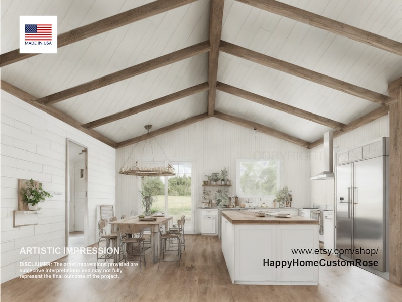 Puede incluir: Una cocina blanca con vigas de madera expuestas en el techo, gabinetes blancos, una isla grande con una encimera de bloque de carnicero y electrodom&eacute;sticos de acero inoxidable. La cocina tiene un estilo de granja con un ambiente r&uacute;stico.