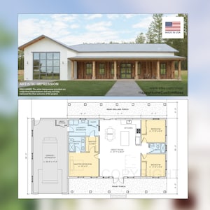 Great Oak Barn Barndominium Modern House Open Plan Design 68 x 38 - 3 Bed 2 Bath Garage Shop Barndo -  Drawings Blueprints