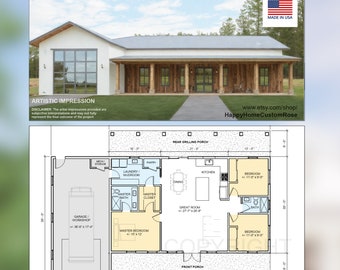 May include: Floor plan of a farmhouse with a rear grilling porch, a front porch, a master bedroom, a master closet, a bathroom, a great room, a dining room, a kitchen, a laundry/mudroom, a garage/workshop, and a mechanical storage room. The plan is drawn on a white background with blue lines and text.