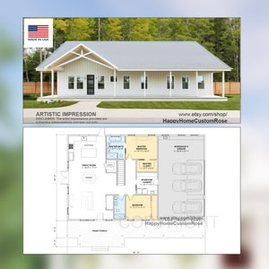 Luxury Farmhouse Barndominium - 64&#39; x 40&#39; House Plan Design - 2 Bed 2 Bath - Drawings Blueprints