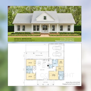 Farmhouse Barndominium - 60&#39; x 57&#39; House Plan Design - 3 Bed 3.5 Bath Office 1980 SF - Drawings Blueprints