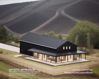 Shophouse Loft Barndominium Modern House Open Plan Design 100 x 40 - 3 Bed 2.5 Bath -  Drawings Blueprints