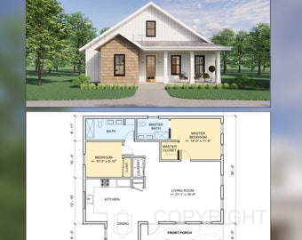 Idyllic Living Modern Cottage Plans - Open Plan Design - Modern Farmhouse 2 Bed 2 Bath 1230 Square Feet - Drawings Blueprints