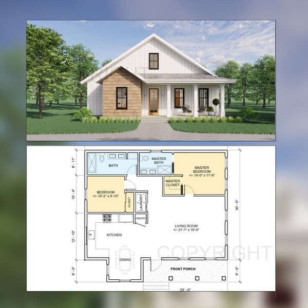 Idyllic Living Modern Cottage Construction Plans - Open Plan Design - Modern Farmhouse 2 Bed 2 Bath 1230 Square Feet - Drawings Blueprints