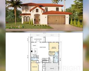 Sonora Grove Spanish Mission House Plan Design - 4 Bed 3 Bath 2940 sq ft - Double Garage - Drawings Blueprints