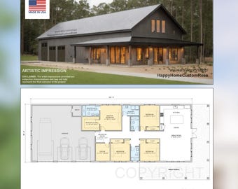 Modern Barndominium House Plan – 4 Bed, Open Plan (PDF Drawings)