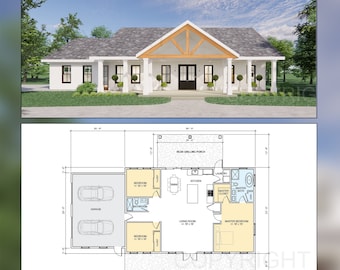 Cedar Springs Barndominium House Plan Design - Wood Entry Truss - Modern Spacious - Double Garage - Drawings Blueprints
