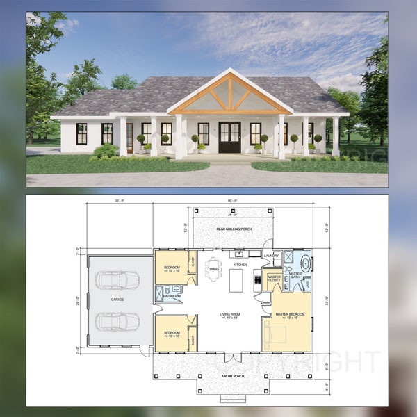 Cedar Springs Barndominium House Plan Design - Wood Entry Truss - Modern Spacious - Double Garage - Drawings Blueprints