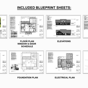 May include: A set of blueprint sheets for a house plan, including a cover page, floor plan, window and door schedule, elevations, roof plan, foundation plan, electrical plan, and 3D views.