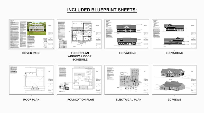 May include: A set of blueprint sheets for a house plan, including a cover page, floor plan, window and door schedule, elevations, roof plan, foundation plan, electrical plan, and 3D views.