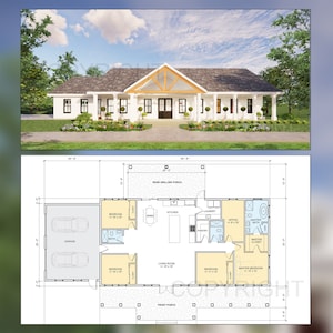 Cedar Springs Barndominium House Plan Design - 4 Bed 3 Bath - Double Garage - Drawings Blueprints