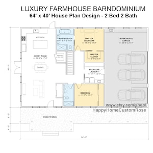 Luxury Farmhouse Barndominium - 64&#39; x 40&#39; House Plan Design - 2 Bed 2 Bath - Drawings Blueprints