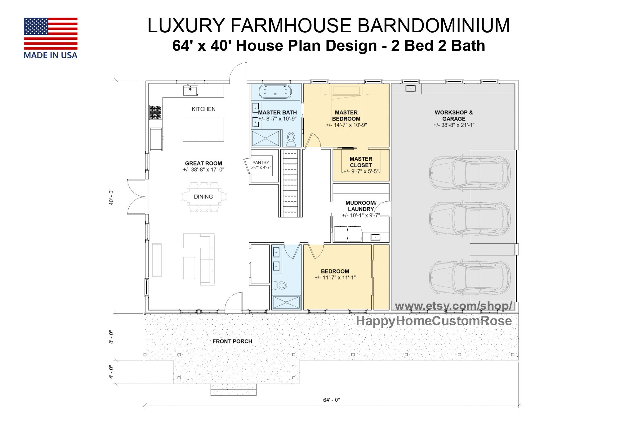 Luxury farmhouse barndominium 64 x 40 house plan design 2 bed 2