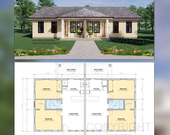 Hip Roof Duplex Investment Rental Plan - 2 Bed 1 bath - 756 SF - Modern Spacious Multifamily - Drawings Blueprints - Investment Property