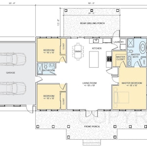 Cedar Springs Barndominium 3 bed 2 bath - Double Garage (70'x33')  - Wood Entry Truss - Custom House Plan and Blueprint