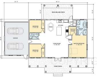 Cedar Springs Barndominium 3 bed 2 bath - Double Garage (70'x33')  - Wood Entry Truss - Custom House Plan and Blueprint
