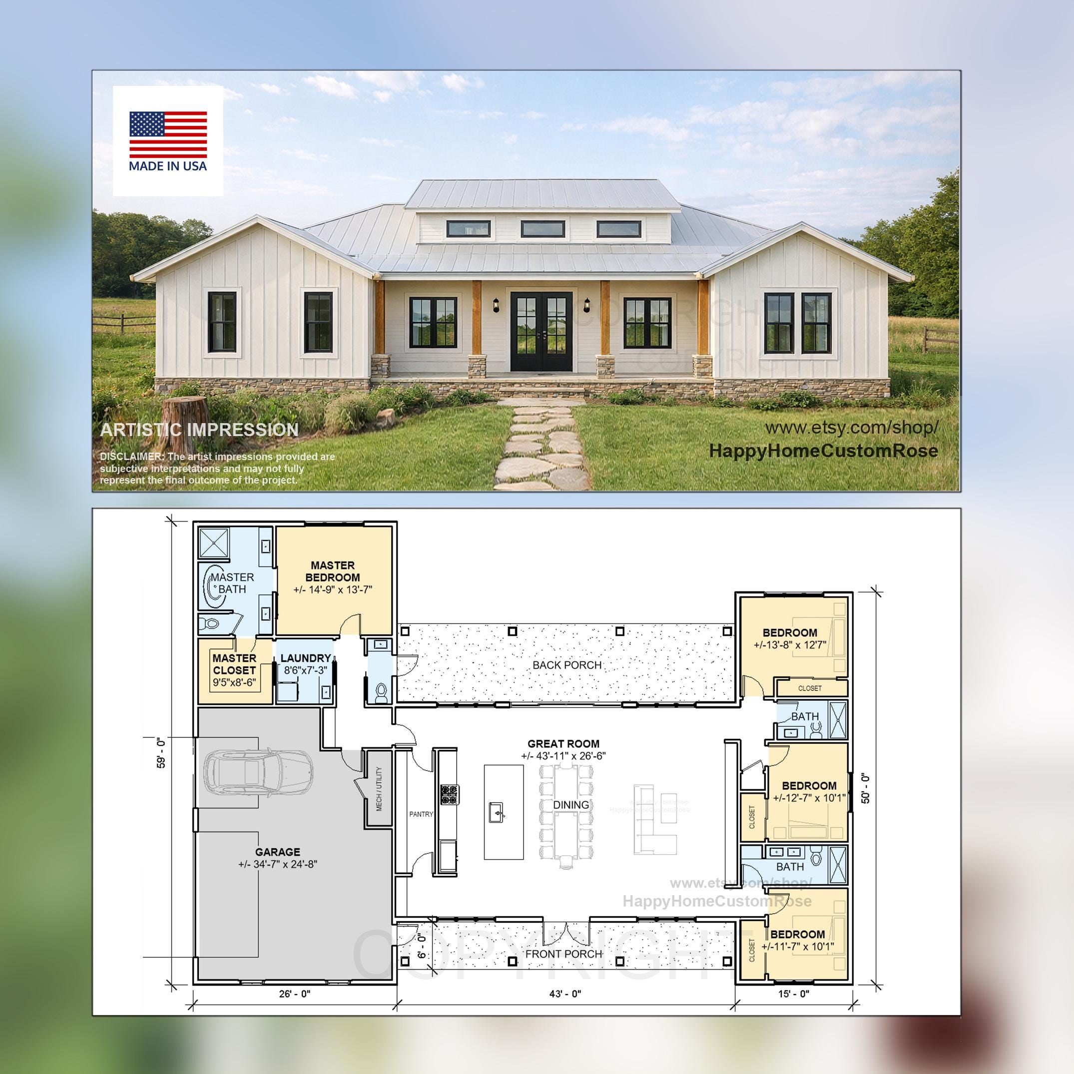 Modern Barndominium House Plan – Open Concept, 4 Bed (PDF Download) - Etsy