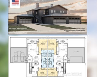 Hip Roof Fourplex Investment Rental Plan - 8 Bed 8 bath - Modern Spacious Multifamily - Drawings Blueprints - Investment Property