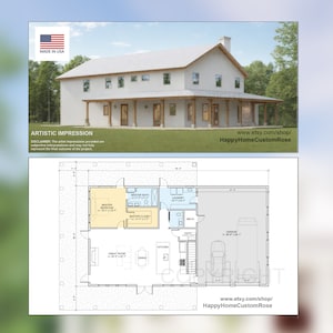 May include: A white farmhouse with a wraparound porch and a gabled roof. The house has a large garage and a detached shed. The image also includes a floor plan of the house, showing the layout of the rooms. The text "www.etsy.com/shop/HappyHomeCustomRose" is visible in the image.