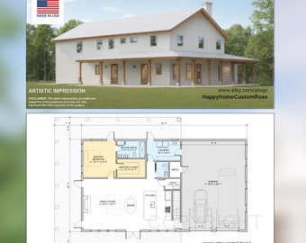 May include: A white farmhouse with a wraparound porch and a gabled roof. The house has a large garage and a detached shed. The image also includes a floor plan of the house, showing the layout of the rooms. The text "www.etsy.com/shop/HappyHomeCustomRose" is visible in the image.
