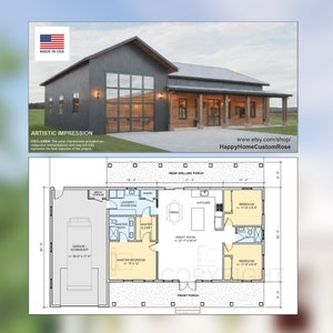 Great Oak Barn Barndominium Modern House Open Plan Design 68 x 38 - 3 Bed 2 Bath Garage Shop Barndo -  Drawings Blueprints