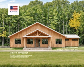 Grand Gable Barndominium Farmhouse - 70' x 40' House Plan Design - 3 Bed 2 Bath - Drawings Blueprints