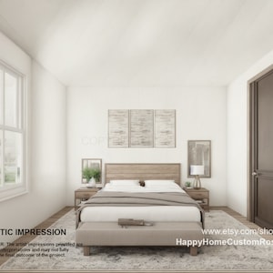 Puede incluir: Una representaci&oacute;n de dise&ntilde;o de interiores de un dormitorio con una cama blanca, una cabecera de madera, una puerta marr&oacute;n y dos cuadros enmarcados en la pared. La cama tiene un edred&oacute;n blanco y una manta de lana marr&oacute;n. Hay una alfombra en el suelo y una mesita de noche a cada lado de la cama.