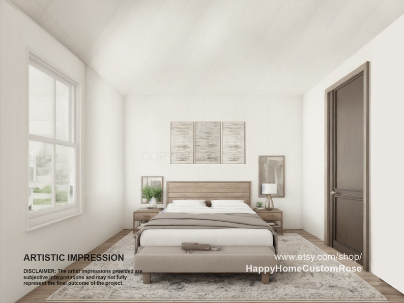 Puede incluir: Una representaci&oacute;n de dise&ntilde;o de interiores de un dormitorio con una cama blanca, una cabecera de madera, una puerta marr&oacute;n y dos cuadros enmarcados en la pared. La cama tiene un edred&oacute;n blanco y una manta de lana marr&oacute;n. Hay una alfombra en el suelo y una mesita de noche a cada lado de la cama.