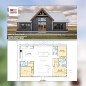 Bold Birch Barndominium Modern House Open Plan Design 54 x 36 - 3 Bed 2 Bath -  Drawings Blueprints