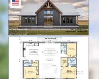 Bold Birch Barndominium Modern House Open Plan Design 54 x 36 - 3 Bed 2 Bath -  Drawings Blueprints