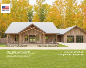 Cypress Barn Modern Ranch House - 82' x 35' House Plan Design - 3 Bed 2.5 Bath 1870 SF - Drawings Blueprints