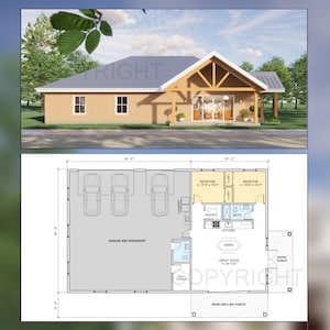Ozark Compact Homestead Barndominium House Plan Design 65 x 40 - 2 Bed 1.5 Bath - 3 Garage -  Drawings Blueprints
