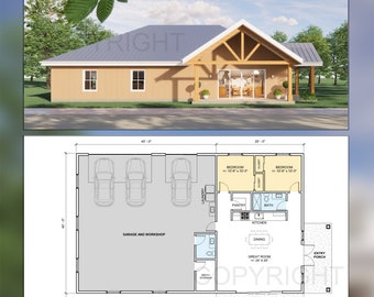 Ozark Compact Homestead Barndominium House Plan Design 65 x 40 - 2 Bed 1.5 Bath - 3 Garage -  Drawings Blueprints