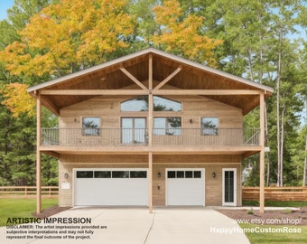Big Sky Barndominium House Plan Design - 2 Bed 2 Bath 2400 sq ft - 3 Garage - EXPANSIVE DECK - Drawings Blueprints