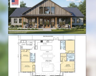 Ashwood Farmhouse Barndominium Modern House Open Plan Design 60 x 40 - 4 Bed 3 Bath -  Drawings Blueprints