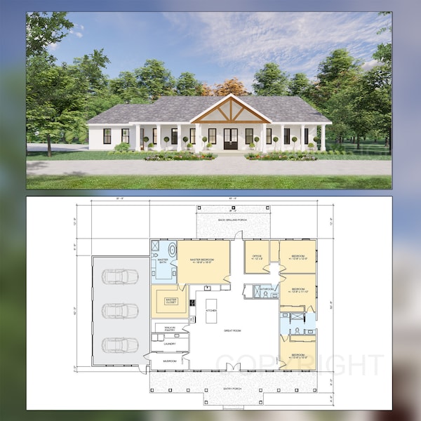 Cedar Springs Barndominium House Plan Design - 4 Bed 3 Bath 3200 sq ft - 3 Garage - Drawings Blueprints