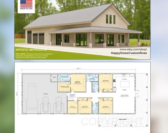 Brentwood Barn Barndominium Modern House Open Plan Design 100 x 36 - 4 Bed 3 Bath -  Drawings Blueprints