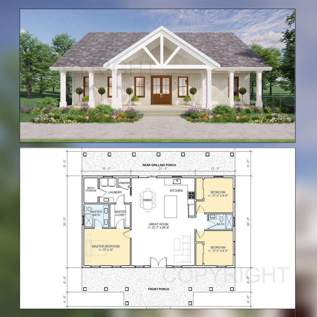 Oak Springs House Plans - Open Plan Design - Modern Farmhouse 3 Bed/2 Bath  1500 Square Feet - Drawings Blueprints - Etsy Israel, image size:1080x1080