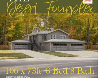 Hip Roof Fourplex Investment Rental Plan - 8 Bed 8 bath - Modern Spacious Multifamily - Drawings Blueprints - Investment Property