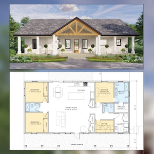 Harvest Farmstead Modern House Open Plan Design 60 x 30 - 3 Bed 2.5 Bath -  Drawings Blueprints
