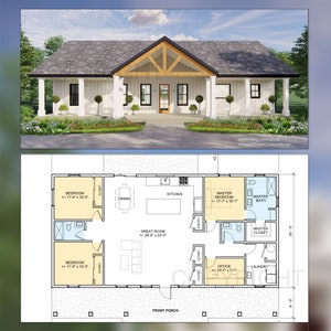 Harvest Farmstead Modern House Open Plan Design 60 x 30 - 3 Bed 2.5 Bath -  Drawings Blueprints