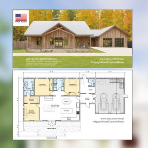 Könnte beinhalten: Ein Grundriss für ein Haus mit Garage. Das Haus verfügt über ein Hauptschlafzimmer, ein Hauptbad, einen Hauptkleiderschrank, ein großes Zimmer, ein Esszimmer, eine Küche und zwei Schlafzimmer. Die Garage bietet Platz für zwei Autos und einen Maschinenraum. Das Haus hat eine Veranda.