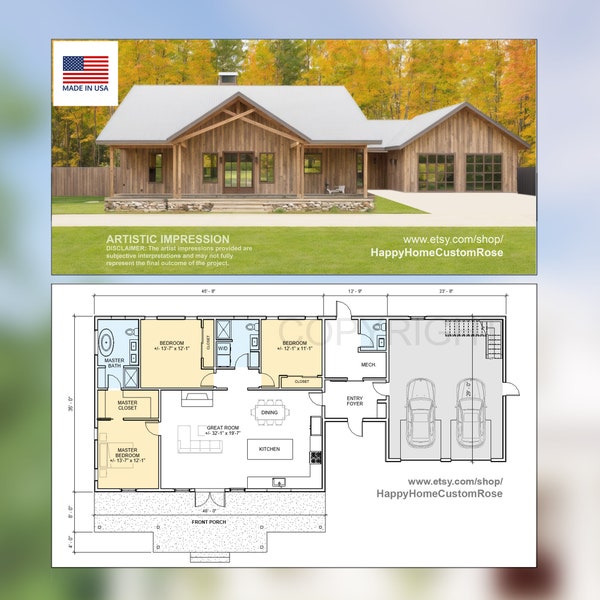 Cypress Barndominium - 82' x 35' House Plan Design - 3 Bed 2.5 Bath 1870 SF - Drawings Blueprints