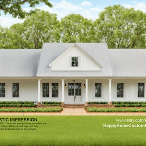 Farmhouse Barndominium - 60&#39; x 57&#39; House Plan Design - 3 Bed 3.5 Bath Office 1980 SF - Drawings Blueprints